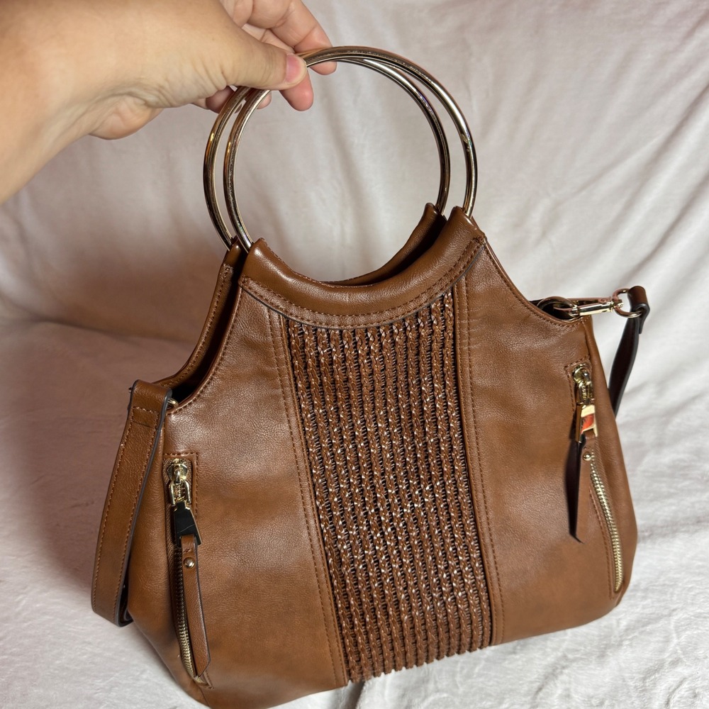 INC International Concepts Brown Hand Bag Ring Handles, Snap, Woven Front Detail